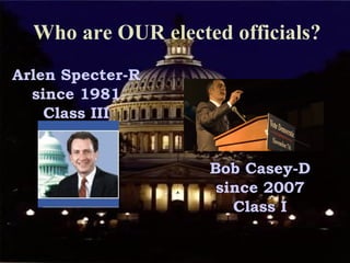 Who are OUR elected officials? Arlen Specter-R since 1981 Class III Bob Casey-D since 2007 Class I 