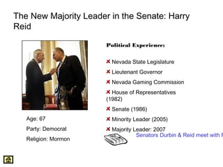 The New Majority Leader in the Senate: Harry 
Reid 
Age: 67 
Party: Democrat 
Religion: Mormon 
Political Experience: 
Nevada State Legislature 
Lieutenant Governor 
Nevada Gaming Commission 
House of Representatives 
(1982) 
Senate (1986) 
Minority Leader (2005) 
Majority Leader: 2007 
Senators Durbin & Reid meet with President  
