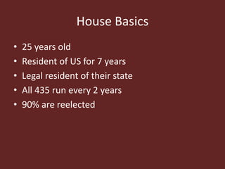 House Basics
• 25 years old
• Resident of US for 7 years
• Legal resident of their state
• All 435 run every 2 years
• 90% are reelected
 