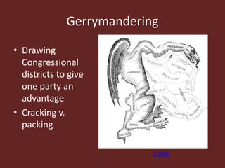 Gerrymandering
• Drawing
Congressional
districts to give
one party an
advantage
• Cracking v.
packing
C-SPAN
 
