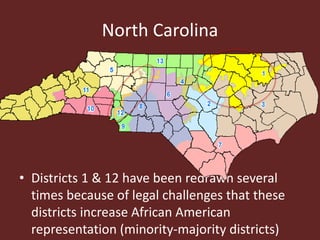 North Carolina
• Districts 1 & 12 have been redrawn several
times because of legal challenges that these
districts increase African American
representation (minority-majority districts)
 