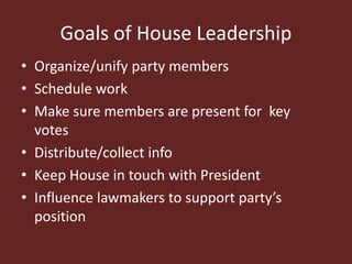 Goals of House Leadership
• Organize/unify party members
• Schedule work
• Make sure members are present for key
votes
• Distribute/collect info
• Keep House in touch with President
• Influence lawmakers to support party’s
position
 