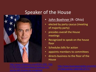 Speaker of the House
• John Boehner (R- Ohio)
• elected by party caucus (meeting
of majority party)
• presides overall the House
meetings
• Recognized to speak on the house
floor
• Schedules bills for action
• appoints members to committees
• directs business to the floor of the
House
http://www.cbsnews.com/8301-250_162-
57561665/christie-blasts-boehner-on-
sandy-bill-shame-on-congress/
http://www.businessinsider.com/chris
christie-sandy-relief-bill-2013-1
 
