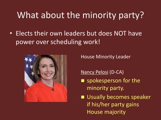 What about the minority party?
• Elects their own leaders but does NOT have
power over scheduling work!
House Minority Leader
Nancy Pelosi (D-CA)
 spokesperson for the
minority party.
 Usually becomes speaker
if his/her party gains
House majority
 