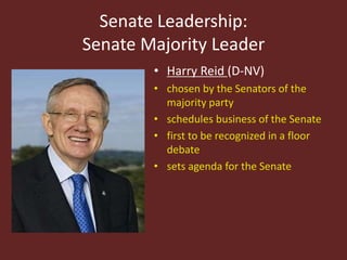 Senate Leadership:
Senate Majority Leader
• Harry Reid (D-NV)
• chosen by the Senators of the
majority party
• schedules business of the Senate
• first to be recognized in a floor
debate
• sets agenda for the Senate
 