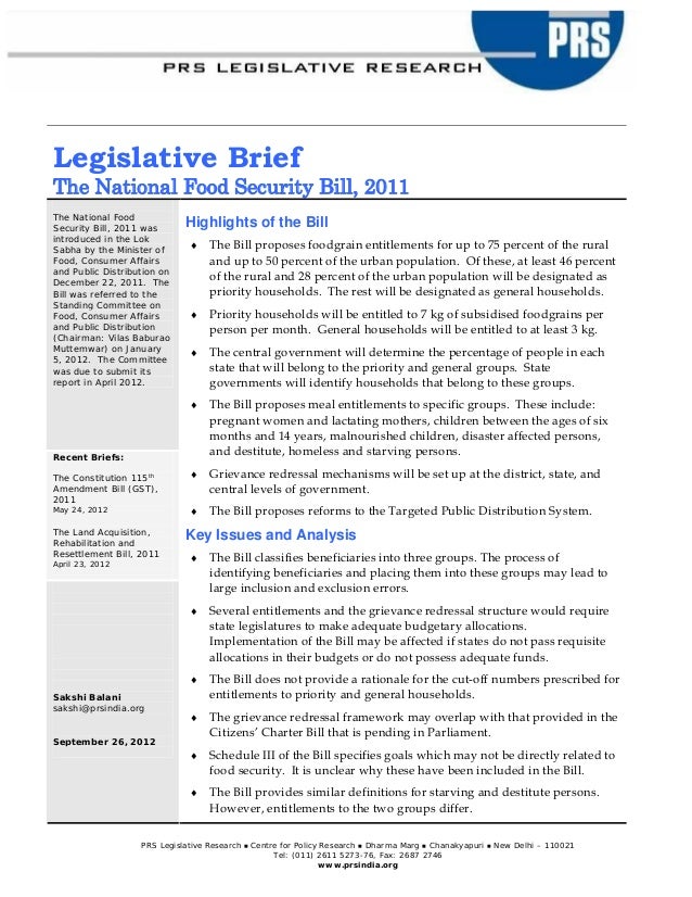 Legislative Brief National Food Security Bill 2011 Legislative Brief National Food Security Bill 2011