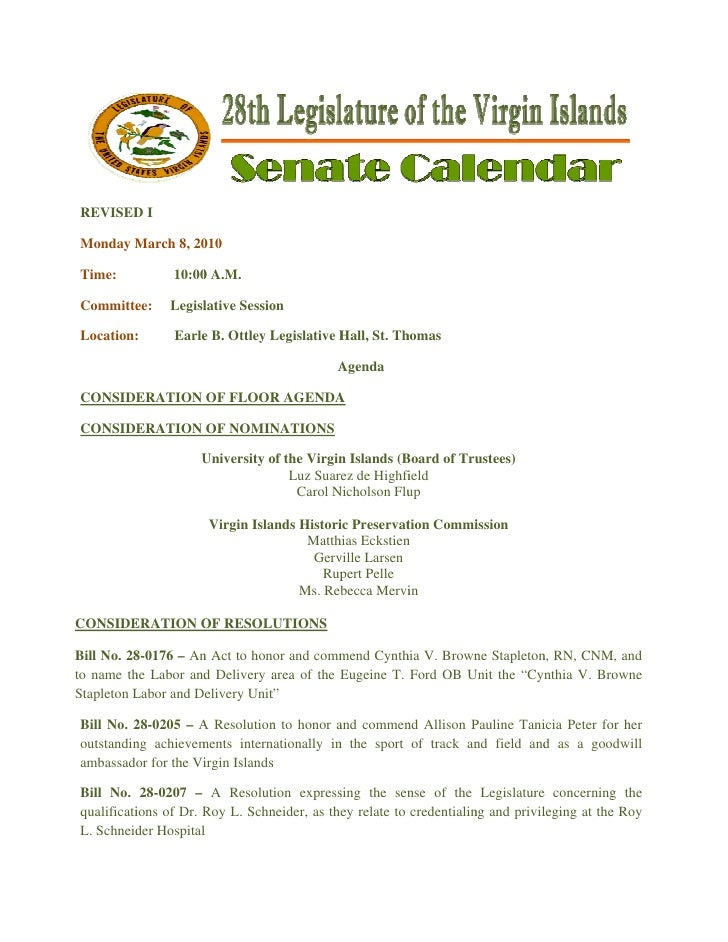 Legislative Calendar Weekending 031210