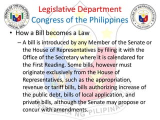 Legislative Department
Congress of the Philippines
• How a Bill becomes a Law
– A bill is introduced by any Member of the Senate or
the House of Representatives by filing it with the
Office of the Secretary where it is calendared for
the First Reading. Some bills, however must
originate exclusively from the House of
Representatives, such as the appropriation,
revenue or tariff bills, bills authorizing increase of
the public debt, bills of local application, and
private bills, although the Senate may propose or
concur with amendments.
 