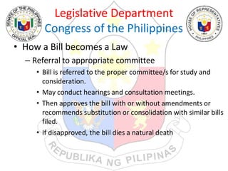 Legislative Department
Congress of the Philippines
• How a Bill becomes a Law
– Referral to appropriate committee
• Bill is referred to the proper committee/s for study and
consideration.
• May conduct hearings and consultation meetings.
• Then approves the bill with or without amendments or
recommends substitution or consolidation with similar bills
filed.
• If disapproved, the bill dies a natural death
 