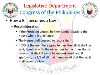 Legislative Department
Congress of the Philippines
• How a Bill becomes a Law
– Reconsideration
• If the President vetoes, he then sends it back to the
House where it originated:
• The House shall proceed to reconsider it.
• If 2/3 of the members agree to pass the bill, it shall be
sent, together with the objections to the other House
by which it shall likewise be reconsidered, and if
approved, by 2/3 of all that members of that House, it
shall become a law.
 