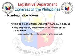 Legislative Department
Congress of the Philippines
• Non-Legislative Powers
– Acting as a Constituent Assembly (Art. XVII, Sec. 1)
• May propose any amendment to, or revision of the
Constitution
– Upon a vote of ¾ of all its members, voting separately
 