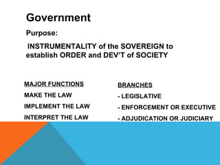 MAJOR FUNCTIONS
MAKE THE LAW
IMPLEMENT THE LAW
INTERPRET THE LAW
BRANCHES
- LEGISLATIVE
- ENFORCEMENT OR EXECUTIVE
- ADJUDICATION OR JUDICIARY
Government
Purpose:
INSTRUMENTALITY of the SOVEREIGN to
establish ORDER and DEV’T of SOCIETY
 