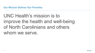 UNC Health
2
UNC Health’s mission is to
improve the health and well-being
of North Carolinians and others
whom we serve.
Our Mission Defines Our Priorities
 
