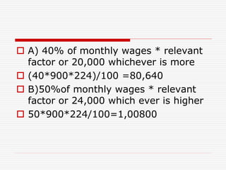  A) 40% of monthly wages * relevant
factor or 20,000 whichever is more
 (40*900*224)/100 =80,640
 B)50%of monthly wages * relevant
factor or 24,000 which ever is higher
 50*900*224/100=1,00800
 
