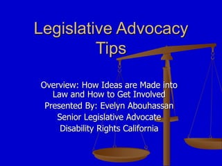 Legislative Advocacy
Tips
Overview: How Ideas are Made into
Law and How to Get Involved
Presented By: Evelyn Abouhassan
Senior Legislative Advocate
Disability Rights California
 