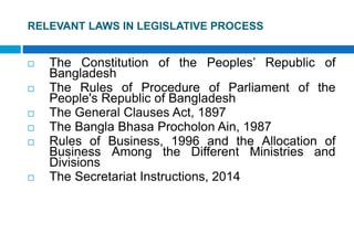 RELEVANT LAWS IN LEGISLATIVE PROCESS
 The Constitution of the Peoples’ Republic of
Bangladesh
 The Rules of Procedure of Parliament of the
People's Republic of Bangladesh
 The General Clauses Act, 1897
 The Bangla Bhasa Procholon Ain, 1987
 Rules of Business, 1996 and the Allocation of
Business Among the Different Ministries and
Divisions
 The Secretariat Instructions, 2014
 