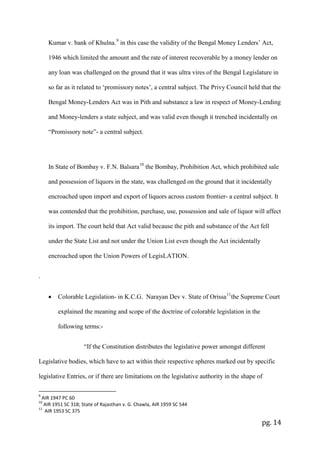 pg. 14
Kumar v. bank of Khulna.9
in this case the validity of the Bengal Money Lenders’ Act,
1946 which limited the amount and the rate of interest recoverable by a money lender on
any loan was challenged on the ground that it was ultra vires of the Bengal Legislature in
so far as it related to ‘promissory notes’, a central subject. The Privy Council held that the
Bengal Money-Lenders Act was in Pith and substance a law in respect of Money-Lending
and Money-lenders a state subject, and was valid even though it trenched incidentally on
“Promissory note”- a central subject.
In State of Bombay v. F.N. Balsara10
the Bombay, Prohibition Act, which prohibited sale
and possession of liquors in the state, was challenged on the ground that it incidentally
encroached upon import and export of liquors across custom frontier- a central subject. It
was contended that the prohibition, purchase, use, possession and sale of liquor will affect
its import. The court held that Act valid because the pith and substance of the Act fell
under the State List and not under the Union List even though the Act incidentally
encroached upon the Union Powers of LegisLATION.
.
• Colorable Legislation- in K.C.G. Narayan Dev v. State of Orissa11
the Supreme Court
explained the meaning and scope of the doctrine of colorable legislation in the
following terms:-
“If the Constitution distributes the legislative power amongst different
Legislative bodies, which have to act within their respective spheres marked out by specific
legislative Entries, or if there are limitations on the legislative authority in the shape of
9
AIR 1947 PC 60
10
AIR 1951 SC 318; State of Rajasthan v. G. Chawla, AIR 1959 SC 544
11
AIR 1953 SC 375
 