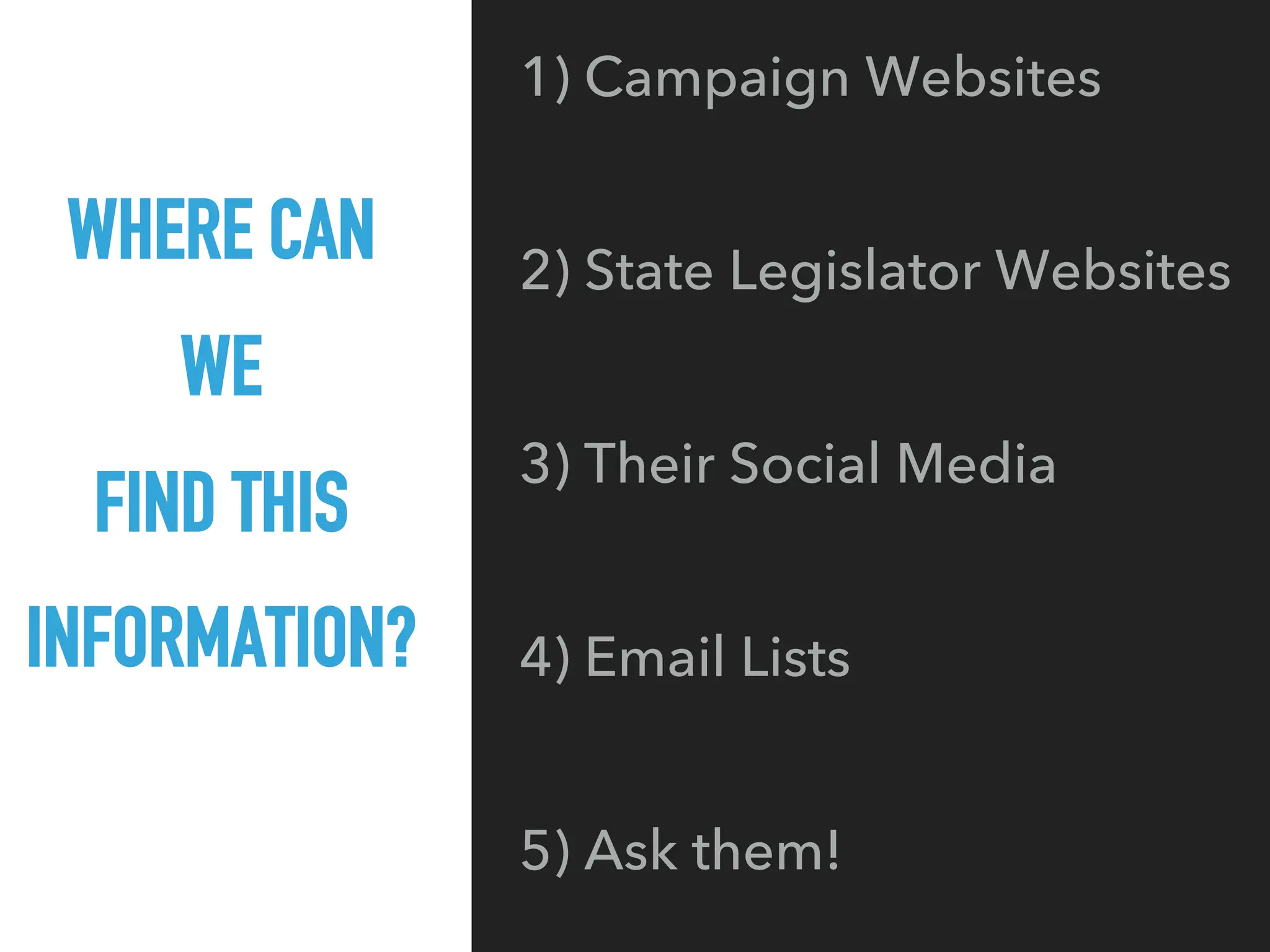 WHERE CAN
WE
FIND THIS
INFORMATION?
1) Campaign Websites
2) State Legislator Websites
3) Their Social Media
4) Email Lists
5) Ask them!
 