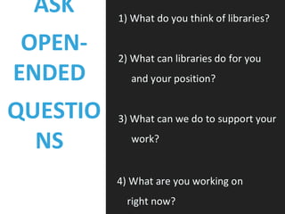 ASK
OPEN-
ENDED
QUESTIO
NS
1) What do you think of libraries?
2) What can libraries do for you
and your position?
3) What can we do to support your
work?
4) What are you working on
right now?
 