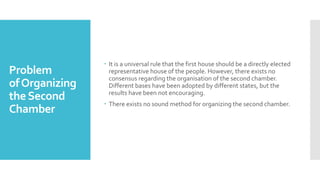 Problem
ofOrganizing
theSecond
Chamber
 It is a universal rule that the first house should be a directly elected
representative house of the people. However, there exists no
consensus regarding the organisation of the second chamber.
Different bases have been adopted by different states, but the
results have been not encouraging.
 There exists no sound method for organizing the second chamber.
 