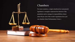 Chambers
For most countries, a single-chambered (or unicameral)
legislature is enough to represent the interests of the
population and to manage its responsibilities; hence
about 60 per cent of the world’s legislatures have just
one chamber (Inter-Parliamentary Union ).
 