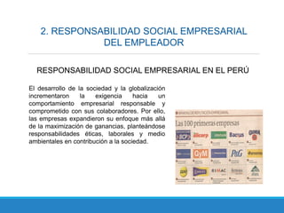 2. RESPONSABILIDAD SOCIAL EMPRESARIAL
DEL EMPLEADOR
RESPONSABILIDAD SOCIAL EMPRESARIAL EN EL PERÚ
El desarrollo de la sociedad y la globalización
incrementaron la exigencia hacia un
comportamiento empresarial responsable y
comprometido con sus colaboradores. Por ello,
las empresas expandieron su enfoque más allá
de la maximización de ganancias, planteándose
responsabilidades éticas, laborales y medio
ambientales en contribución a la sociedad.
 