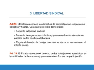 3. LIBERTAD SINDICAL
Art.28: El Estado reconoce los derechos de sindicalización, negociación
colectiva y huelga. Cautela su ejercicio democrático
 Fomenta la libertad sindical
 Fomenta la negociación colectiva y promueve formas de solución
pacífica de los conflictos laborales
 Regula el derecho de huelga para que se ejerza en armonía con el
interés social.
Art. 29: El Estado reconoce el derecho de los trabajadores a participar en
las utilidades de la empresa y promueve otras formas de participación
 