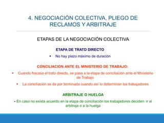 4. NEGOCIACIÓN COLECTIVA, PLIEGO DE
RECLAMOS Y ARBITRAJE
ETAPAS DE LA NEGOCIACIÓN COLECTIVA
ETAPA DE TRATO DIRECTO
 No hay plazo máximo de duración
CONCILIACION ANTE EL MINISTERIO DE TRABAJO:
 Cuando fracasa el trato directo, se pasa a la etapa de conciliación ante el Ministerio
de Trabajo
 La conciliación se da por terminada cuando así lo determinan los trabajadores
ARBITRAJE O HUELGA
 En caso no exista acuerdo en la etapa de conciliación los trabajadores deciden: ir al
arbitraje o a la huelga
 