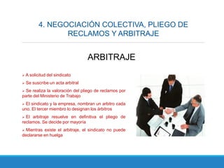 4. NEGOCIACIÓN COLECTIVA, PLIEGO DE
RECLAMOS Y ARBITRAJE
ARBITRAJE
 A solicitud del sindicato
 Se suscribe un acta arbitral
 Se realiza la valoración del pliego de reclamos por
parte del Ministerio de Trabajo
 El sindicato y la empresa, nombran un arbitro cada
uno. El tercer miembro lo designan los árbitros
 El arbitraje resuelve en definitiva el pliego de
reclamos. Se decide por mayoría
 Mientras existe el arbitraje, el sindicato no puede
declararse en huelga
 