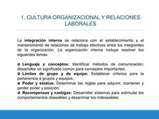 1. CULTURA ORGANIZACIONAL Y RELACIONES
LABORALES
La integración interna se relaciona con el establecimiento y el
mantenimiento de relaciones de trabajo efectivos entre los integrantes
de la organización. La organización interna incluye resolver los
siguientes temas:
Lenguaje y conceptos: Identificar métodos de comunicación;
desarrollar un significado común para conceptos importantes.
Límites de grupo y de equipo: Establecer criterios para la
pertenencia a grupos y equipos.
Poder y estatus: Determinar las reglas para adquirir, mantener y
perder poder y posición.
Recompensas y castigos: Desarrollar sistemas para estimular los
comportamientos deseables y desanimar los indeseables.
 