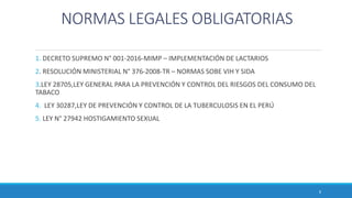 NORMAS LEGALES OBLIGATORIAS
1. DECRETO SUPREMO N° 001-2016-MIMP – IMPLEMENTACIÓN DE LACTARIOS
2. RESOLUCIÓN MINISTERIAL N° 376-2008-TR – NORMAS SOBE VIH Y SIDA
3.LEY 28705,LEY GENERAL PARA LA PREVENCIÓN Y CONTROL DEL RIESGOS DEL CONSUMO DEL
TABACO
4. LEY 30287,LEY DE PREVENCIÓN Y CONTROL DE LA TUBERCULOSIS EN EL PERÚ
5. LEY N° 27942 HOSTIGAMIENTO SEXUAL
8
 