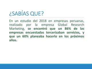 ¿SABÍAS QUE?
En un estudio del 2018 en empresas peruanas,
realizado por la empresa Global Research
Marketing, se encontró que un 86% de las
empresas encuestadas tercerizaban servicios, y
que un 60% planeaba hacerlo en los próximos
años.
 