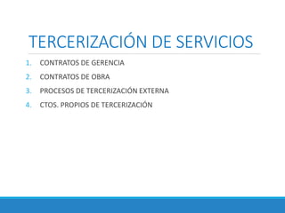 TERCERIZACIÓN DE SERVICIOS
1. CONTRATOS DE GERENCIA
2. CONTRATOS DE OBRA
3. PROCESOS DE TERCERIZACIÓN EXTERNA
4. CTOS. PROPIOS DE TERCERIZACIÓN
 