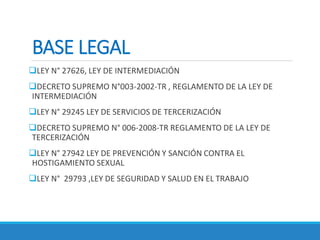 BASE LEGAL
LEY N° 27626, LEY DE INTERMEDIACIÓN
DECRETO SUPREMO N°003-2002-TR , REGLAMENTO DE LA LEY DE
INTERMEDIACIÓN
LEY N° 29245 LEY DE SERVICIOS DE TERCERIZACIÓN
DECRETO SUPREMO N° 006-2008-TR REGLAMENTO DE LA LEY DE
TERCERIZACIÓN
LEY N° 27942 LEY DE PREVENCIÓN Y SANCIÓN CONTRA EL
HOSTIGAMIENTO SEXUAL
LEY N° 29793 ,LEY DE SEGURIDAD Y SALUD EN EL TRABAJO
 
