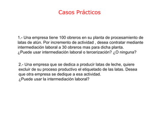 Casos Prácticos
1.- Una empresa tiene 100 obreros en su planta de procesamiento de
latas de atún. Por incremento de actividad , desea contratar mediante
intermediación laboral a 30 obreros mas para dicha planta.
¿Puede usar intermediación laboral o tercerización? ¿O ninguna?
2.- Una empresa que se dedica a producir latas de leche, quiere
excluir de su proceso productivo el etiquetado de las latas. Desea
que otra empresa se dedique a esa actividad.
¿Puede usar la intermediación laboral?
 