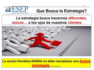 5
La estrategia busca hacernos diferentes,
únicos… a los ojos de nuestros clientes
Que Busca la Estrategia?
La acción frenética DIARIA no debe reemplazar una buena
estrategia …………..
 