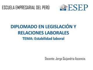 ESCUELA EMPRESARIAL DEL PERÚ
DIPLOMADO EN LEGISLACIÓN Y
RELACIONES LABORALES
TEMA: Estabilidad laboral
Docente: Jorge Quijandria Ascencio.
 