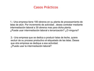 Casos Prácticos
1.- Una empresa tiene 100 obreros en su planta de procesamiento de
latas de atún. Por incremento de actividad , desea contratar mediante
intermediación laboral a 30 obreros mas para dicha planta.
¿Puede usar intermediación laboral o tercerización? ¿O ninguna?
2.- Una empresa que se dedica a producir latas de leche, quiere
excluir de su proceso productivo el etiquetado de las latas. Desea
que otra empresa se dedique a esa actividad.
¿Puede usar la intermediación laboral?
 