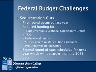 Federal Budget Challenges


Sequestration Cuts
◦ First round occurred last year
◦ Reduced funding for






Supplemental Educational Opportunity Grants
TRiO
Federal work study
Suspension of military tuition assistance
Pell Grant was not impacted

◦ Second round of cuts scheduled for next
year which will be larger than the 2013
cuts

 