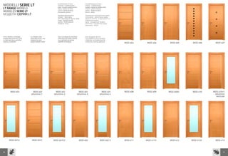 MODELLI SERIE LT                                       Caratteristiche di serie:
                                                       versione: 1.battente base
                                                                                              Caractéristiques de série :
                                                                                              version : 1.battant base

LT RANGE MODELS
                                                       anta: secondo modello scelto           vantail: d’après le modèle choisi
                                                       telaio: profilo standard               châssis : profil standard
MODELES SERIE LT                                       cornici: 70x30 standard
                                                       ferramenta: ottone
                                                                                              cadres : 70x30 standard
                                                                                              ferrure : laiton
МОДЕЛИ СЕРИИ LT                                        Standard characteristics:              Технические характеристики серии:
                                                       version: 1 basic wing                  исполнение: однопольная дверь
                                                       leaf: depending on chosen model        дверное полотно: в зависимости от
                                                       frame: standard profile                выбранной модели
                                                       sashes: 70x30 standard                 рама: стандартный профиль
                                                       hardware: brass                        наличники: стандартные 70х30
                                                                                              фурнитура: латунь




TUTTI I MODELLI POSSONO      ALL MODELS ARE            TOUS LES MODELES PEUVENT               ВСЕ МОДЕЛИ МОГУТ
ESSERE REALIZZATI IN TUTTE   AVAILABLE IN ALL THE      ETRE REALISES DANS TOUTES              ПОСТАВЛЯТЬСЯ В ЛЮБОЙ
LE FINITURE DELLA NOSTRA     FINISHES IN OUR           LES FINITIONS DE NOTRE                 ОТДЕЛКЕ ИЗ ЗАЯВЛЕННОЙ
CARTELLA ESSENZE             WOOD VENEER CHART         GAMME D’ESSENCES                       ПАЛИТРЫ ПОРОД ДЕРЕВА
                                                                                                                                  MOD 403    MOD 404    MOD 405    MOD 406     MOD 407




         MOD 401               MOD 401                MOD 401                           MOD 401                       MOD 401     MOD 408    MOD 409   MOD 409V    MOD 410   MOD 410+1
                             alluminio 1            alluminio 2                       alluminio 3                   alluminio 4                                               alluminio
                                                                                                                                                                               verticale




        MOD 401V              MOD 401C              MOD 401CV                          MOD 402                      MOD 402 V     MOD 411   MOD 411V    MOD 412   MOD 412V     MOD 413




50                                                                                                                                                                                    51
 
