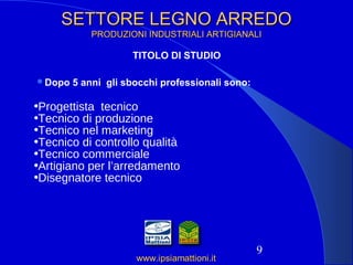 9
SETTORE LEGNO ARREDOSETTORE LEGNO ARREDO
PRODUZIONI INDUSTRIALI ARTIGIANALIPRODUZIONI INDUSTRIALI ARTIGIANALI
www.ipsiamattioni.itwww.ipsiamattioni.it
Dopo 5 anni gli sbocchi professionali sono:
•Progettista tecnico
•Tecnico di produzione
•Tecnico nel marketing
•Tecnico di controllo qualità
•Tecnico commerciale
•Artigiano per l’arredamento
•Disegnatore tecnico
TITOLO DI STUDIO
 