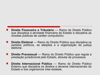 Direito Financeiro e Tributário — Ramo do Direito Público
que disciplina a atividade financeira do Estado e disciplina as
receitas públicas de caráter compulsório.
Direito Eleitoral — Ramo do Direito Público que disciplina os
partidos políticos, as eleições e a organização da justiça
eleitoral.
Direito Processual — Ramo do Direito Público que regula a
prestação jurisdicional pelo Estado, através de processos.
Direito Internacional Público — Ramo do Direito Público
Externo que disciplina os direitos e deveres internacionais do
Estado e dos organismos inter-estatais.
 