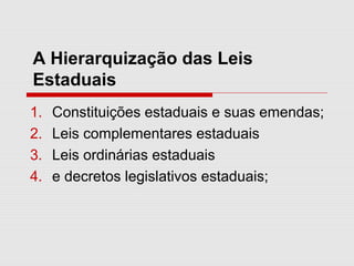 A Hierarquização das Leis
Estaduais
1. Constituições estaduais e suas emendas;
2. Leis complementares estaduais
3. Leis ordinárias estaduais
4. e decretos legislativos estaduais;
 