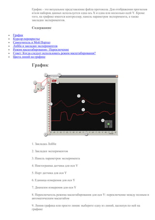 График - это визуальное представление файла протокола. Для отображения прогнозов
и/или наборов данных используется одна ось X и одна или несколько осей Y. Кроме
того, на графике имеется контроллер, панель параметров эксперимента, а также
закладки экспериментов.
Содержание
 График
 Курсор-перекрестье
 Самоучитель и Мой Портал
 Лобби и закладки экспериментов
 Режим масштабирования / Переключение
 Совет: Когда следует использовать режим масштабирования?
 Цвета линий на графике
График
1. Закладка Лобби
2. Закладки экспериментов
3. Панель параметров эксперимента
4. Пиктограмма датчика для оси Y
5. Порт датчика для оси Y
6. Единица измерения для оси Y
7. Диапазон измерения для оси Y
8. Переключатель режима масштабирования для оси Y: переключение между полным и
автоматическим масштабом
9. Линия графика или просто линия: выберите одну из линий, щелкнув по ней на
графике
 