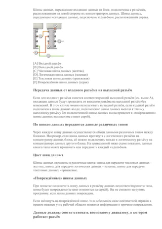 Шины данных, передающие входящие данные на блок, подключены к разъёмам,
расположенным на левой стороне их концентраторов данных. Шины данных,
передающие исходящие данные, подключены к разъёмам, расположенным справа.
[A] Входной разъём
[B] Выходной разъём
[C] Числовая шина данных (желтая)
[D] Логическая шина данных (зеленая)
[E] Текстовая шина данных (оранжевая)
[F] Повреждённая шина данных (серая)
Передача данных от входного разъёма на выходной разъём
Если для входного разъёма имеется соответствующий выходной разъём (см. выше A),
входящие данные будут проходить от входного разъёма на выходной разъём без
изменений. В этом случае можно использовать выходной разъём, если входной разъём
подключен к шине данных входа; подключение шины данных выхода к такому
выходному разъёму без подключенной шины данных входа приведет к «повреждению»
шины данных выхода (она станет серой).
По шинам данных передаются данные различных типов
Через каждую шину данных осуществляется обмен данными различных типов между
блоками. Например, если шина данных протянута с логического разъёма на
концентратор данных блока, её можно подключить только к логическому разъёму на
концентраторе данных другого блока. На приведенной ниже схеме показано, данные
какого типа может принимать или передавать каждый из разъёмов.
Цвет шин данных
Шины данных окрашены в различные цвета: шины для передачи числовых данных -
желтые; шины, для передачи логических данных - зеленые; шины для передачи
текстовых данных - оранжевые.
«Повреждённые» шины данных
При попытке подключить шину данных к разъёму данных несоответствующего типа,
шина будет повреждена (ее цвет изменится на серый). Вы не сможете загрузить
программу, если шина данных повреждена.
Если щёлкнуть на повреждённой шине, то в небольшом окне контекстной справки в
правом нижнем углу рабочей области появится информация о причине повреждения.
Данные должны соответствовать возможному диапазону, в котором
работает разъём
 