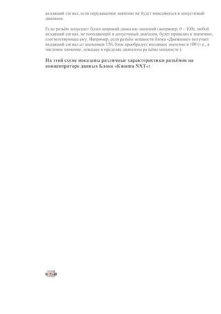 входящий сигнал, если передаваемое значение не будет вписываться в допустимый
диапазон.
Если разъём допускает более широкий диапазон значений (например, 0 – 100), любой
входящий сигнал, не попадающий в допустимый диапазон, будет приведен к значению,
соответствующее ему. Например, если разъём мощности блока «Движение» получает
входящий сигнал со значением 150, блок преобразует входящее значение в 100 (т.е., в
числовое значение, лежащее в пределах диапазона разъёма мощности ).
На этой схеме показаны различные характеристики разъёмов на
концентраторе данных Блока «Кнопка NXT»:
Р
а
з
ъ
ё
м
Т
и
п
д
а
н
н
ы
х
В
о
з
м
о
ж
н
ы
й
д
и
а
п
а
з
о
н
Ч
т
о
о
б
о
з
н
а
ч
а
ю
т
э
т
и
в
е
л
и
ч
и
н
ы
Э
т
о
т
р
а
з
ъ
ё
м
и
г
н
о
р
и
р
у
е
т
с
я
,
е
с
л
и
.
.
.
К
н
о
п
к
а
Ч
и
с
л
о
1
-
3
1
=
В
п
р
а
в
о
 