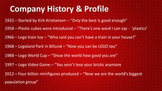 Company History & Profile
1932 – Started by Kirk Kristiansen – “Only the best is good enough”
1958 – Plastic cubes were introduced – “There’s one word I can say - ‘plastics’
1966 – Lego train toy – “Who said you can’t have a train in your house?’
1968 – Legoland Park in Billund – “Now you can be LEGO too”
1988 – Lego World Cup – “Show the world how good you are”
1997 – Lego Video Game – “You won’t lose your bricks anymore
2012 – Four billion minifigures produced – “Now we are the world’s biggest
population group”

 