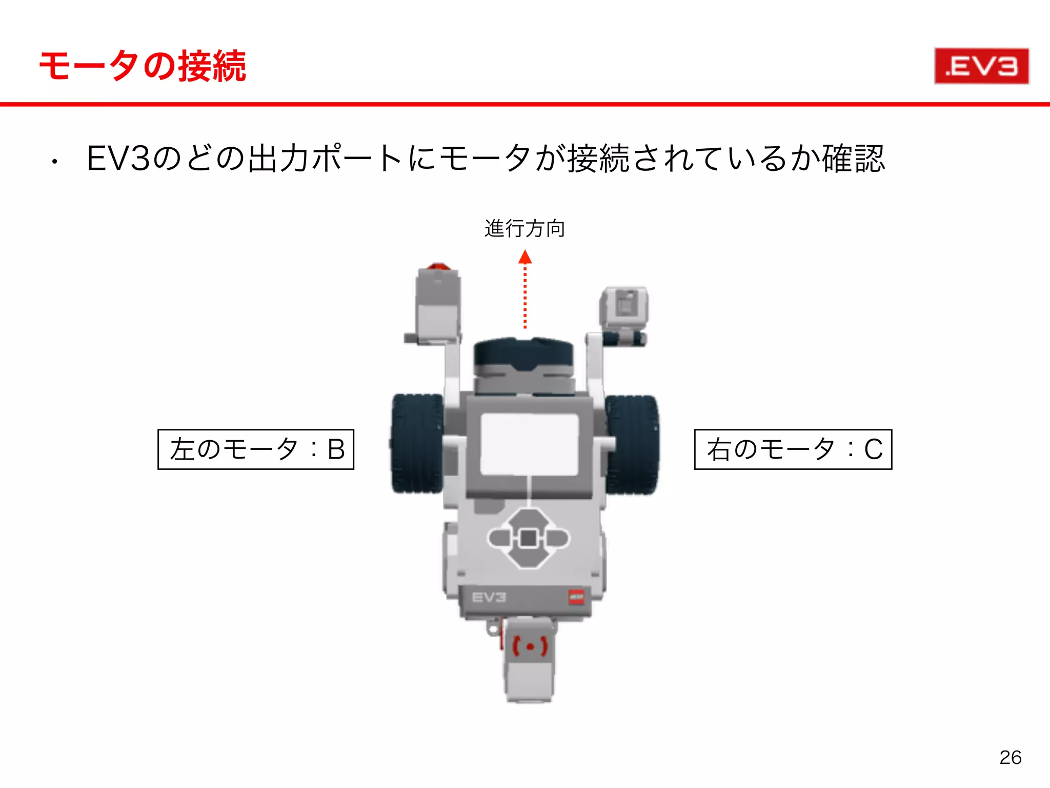 モータの接続
• EV3のどの出力ポートにモータが接続されているか確認
26
左のモータ：B 右のモータ：C
進行方向
 