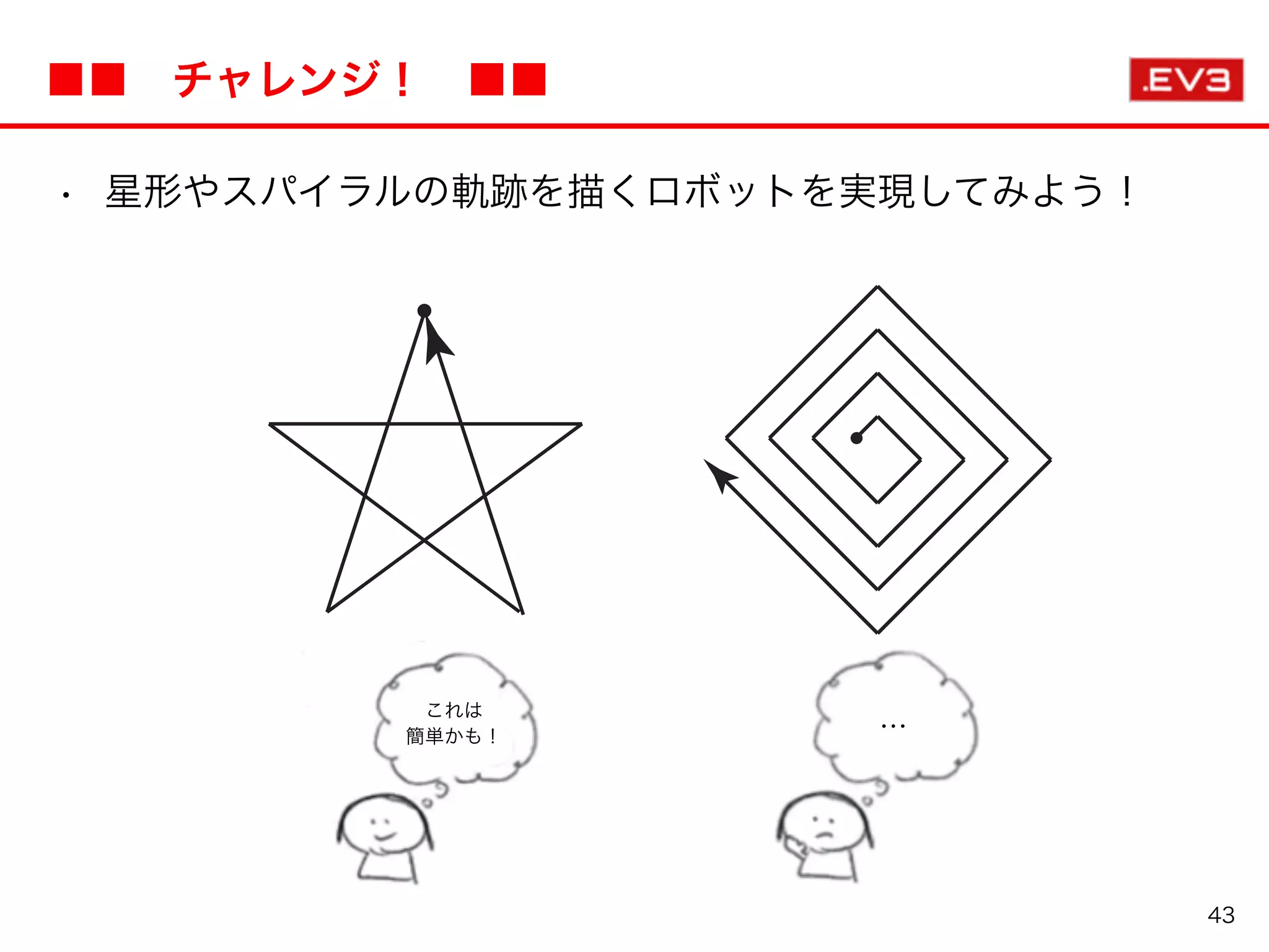 • 星形やスパイラルの軌跡を描くロボットを実現してみよう！
■■ チャレンジ！ ■■
43
これは
簡単かも！ …
 