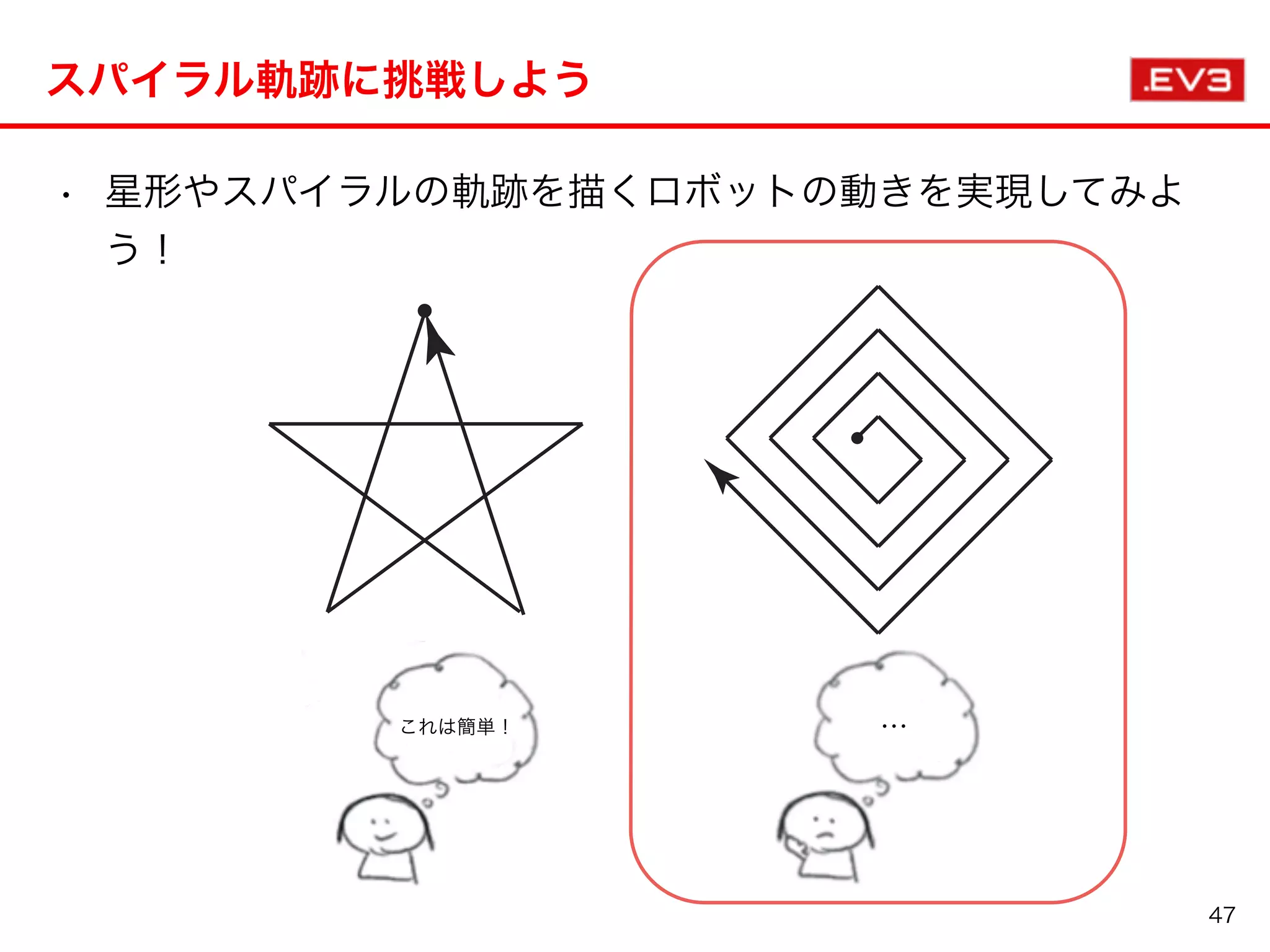 • 星形やスパイラルの軌跡を描くロボットの動きを実現してみよ
う！
スパイラル軌跡に挑戦しよう
47
これは簡単！ …
 